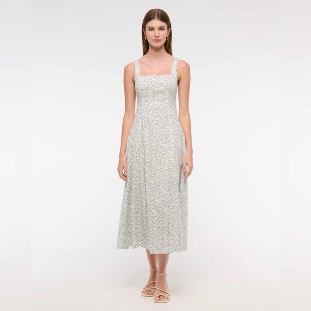 NWT A&F Mila Blue Floral Stretch Midi Dress - Size Large Petite